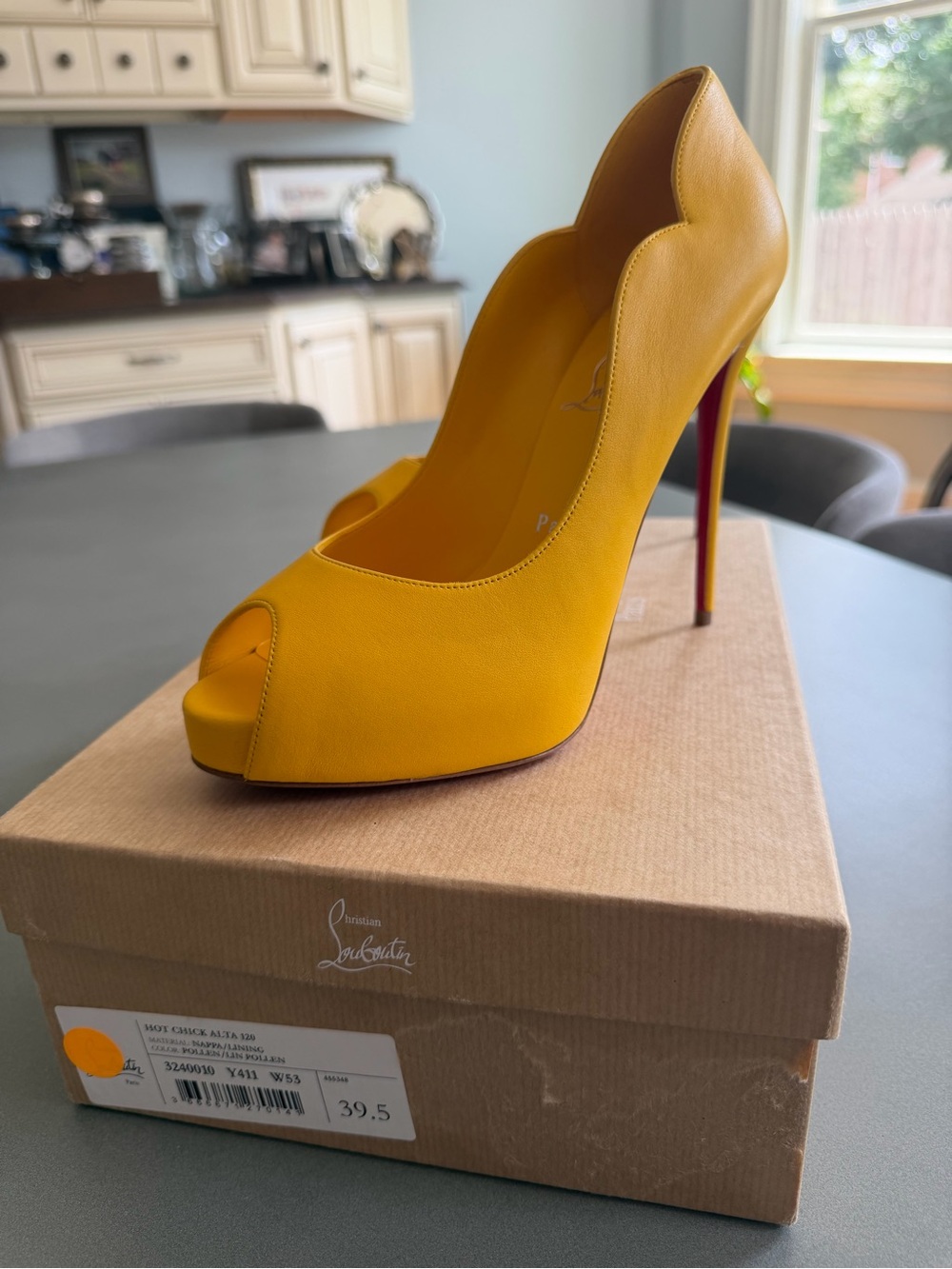 Christian Louboutin Yellow Hot Chick Alta 120 Peep-Toe Scalloped Stiletto Pump